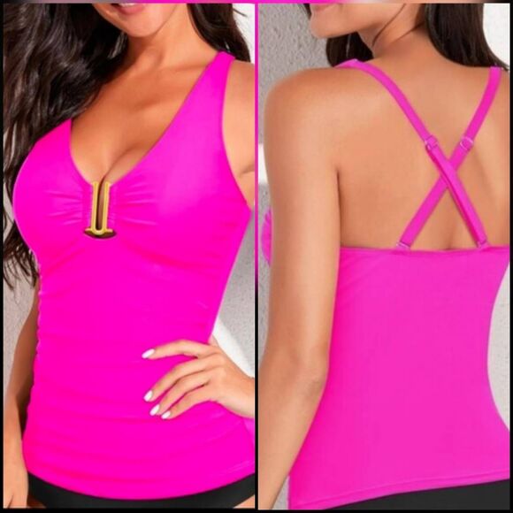 ⏭️NWT Neon Pink & Gold U-Buckle Adjustable Tankini Swim Top Medium - Picture 13 of 13